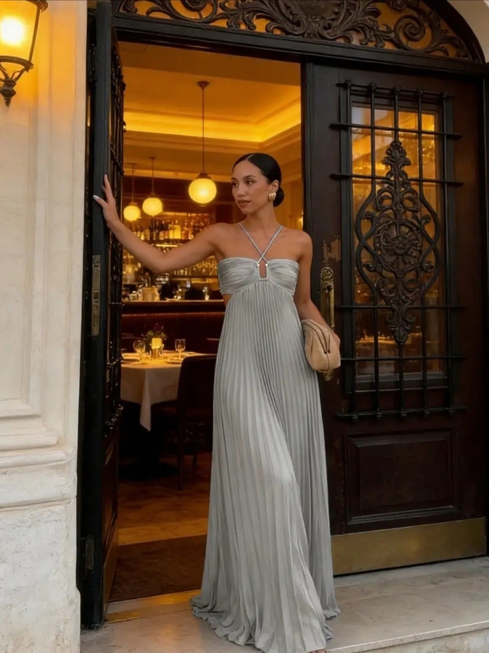 Silver Pleated Strapless Maxi Dress with Keyhole Detail
